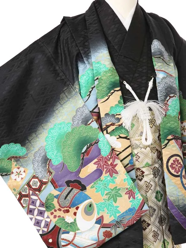 かんたん着付け七五三（3歳4歳袴）レ358黒菱地鷹に熨斗目松/Ｋ-13金グリーン