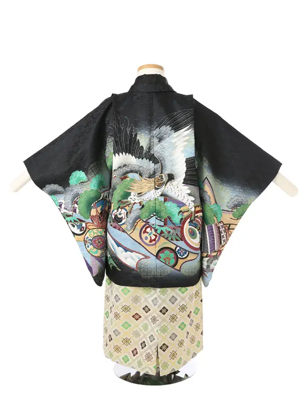 かんたん着付け七五三（3歳4歳袴）レ358黒菱地鷹に熨斗目松/Ｋ-13金グリーン