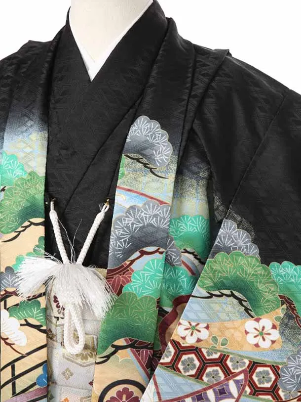 かんたん着付け七五三（3歳4歳袴）レ359黒菱地鷹に熨斗目松/Ｋ-14Ａベージュ