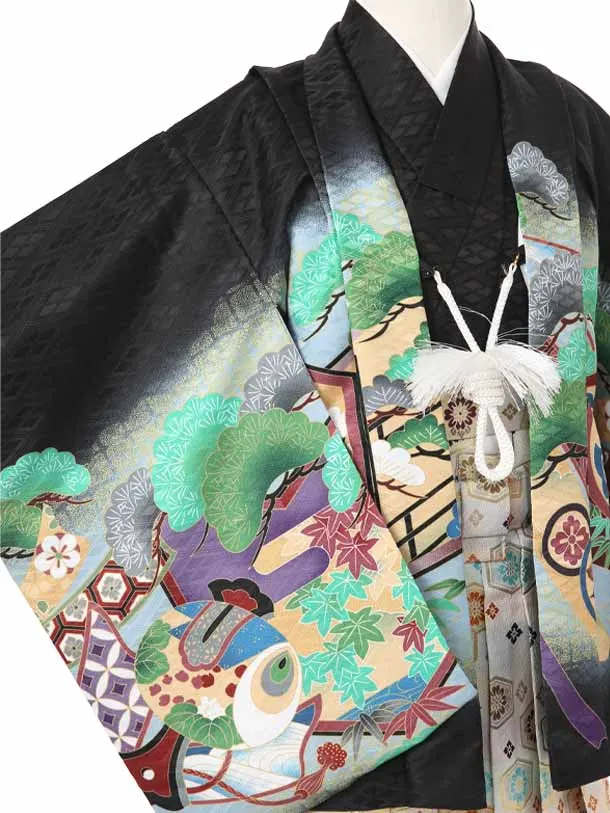 かんたん着付け七五三（3歳4歳袴）レ359黒菱地鷹に熨斗目松/Ｋ-14Ａベージュ