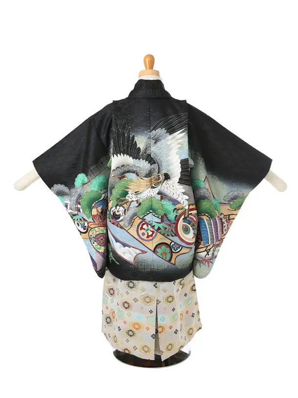 かんたん着付け七五三（3歳4歳袴）レ359黒菱地鷹に熨斗目松/Ｋ-14Ａベージュ