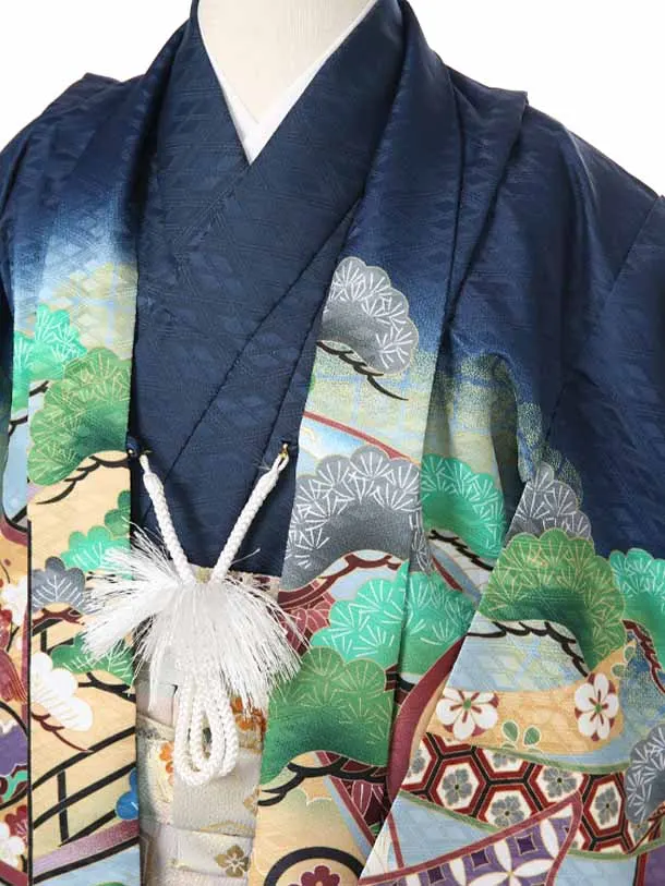 かんたん着付け七五三（3歳4歳袴）レ361紺菱地鷹に熨斗目松/Ｋ-14Ａベージュ