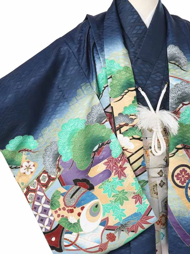 かんたん着付け七五三（3歳4歳袴）レ361紺菱地鷹に熨斗目松/Ｋ-14Ａベージュ