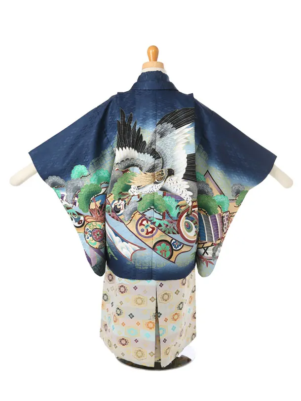 かんたん着付け七五三（3歳4歳袴）レ361紺菱地鷹に熨斗目松/Ｋ-14Ａベージュ