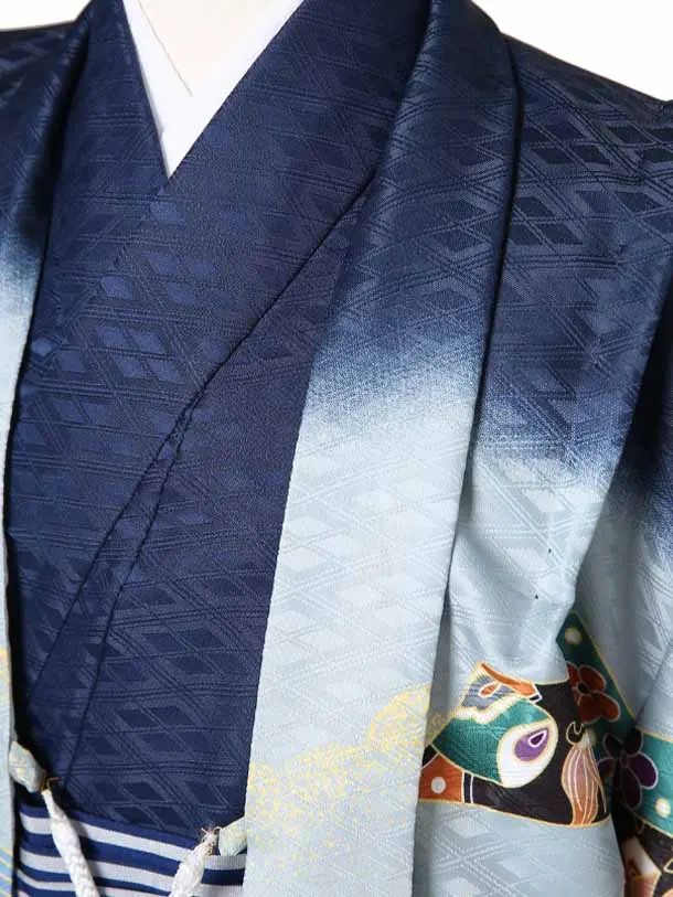 かんたん着物七五三（5歳6歳男袴）レ366紺地に鷹兜に束ね熨斗目/紺棒縞