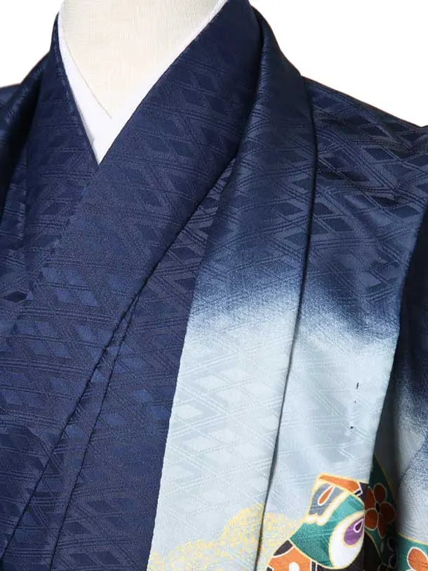 かんたん着物七五三（5歳6歳男袴）レ367紺地に鷹兜に束ね熨斗目/新亀甲ベージュ