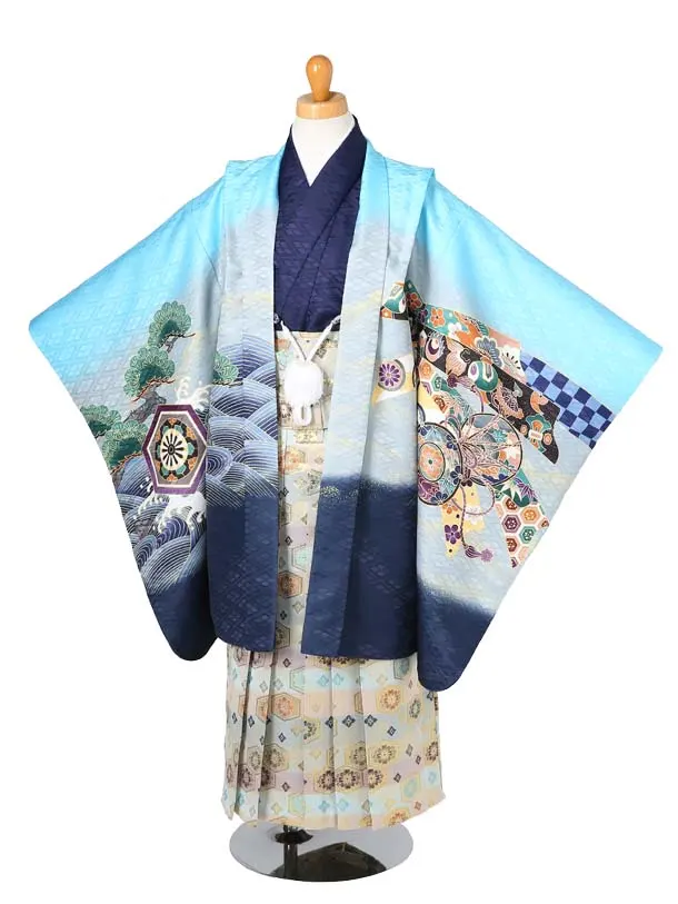 かんたん袴七五三（5歳6歳袴）レ368水色紺地鷹兜に束ね熨斗目/新亀甲ベージュ