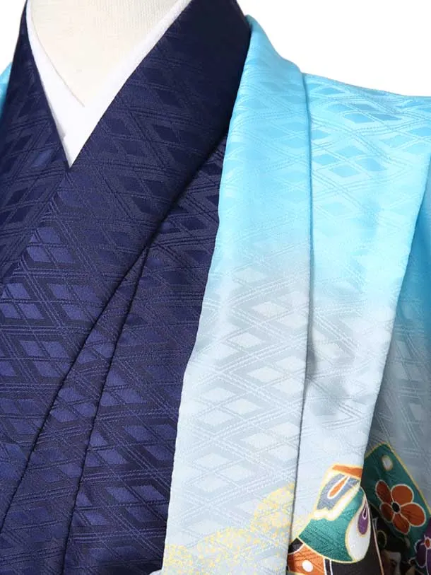 かんたん袴七五三（5歳6歳袴）レ368水色紺地鷹兜に束ね熨斗目/新亀甲ベージュ