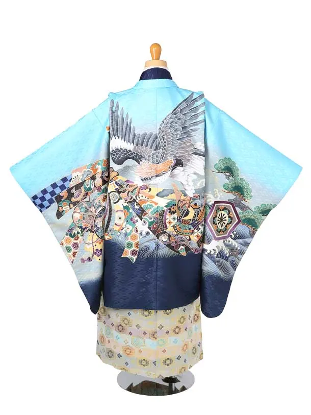 かんたん袴七五三（5歳6歳袴）レ368水色紺地鷹兜に束ね熨斗目/新亀甲ベージュ