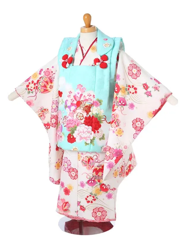七五三(3歳女被布)レ96花わらべパステルグリーン鼓梅牡丹桜/鞠桜