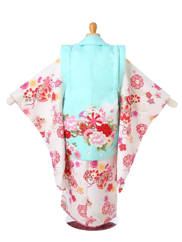 七五三(3歳女被布)レ96花わらべパステルグリーン鼓梅牡丹桜/鞠桜