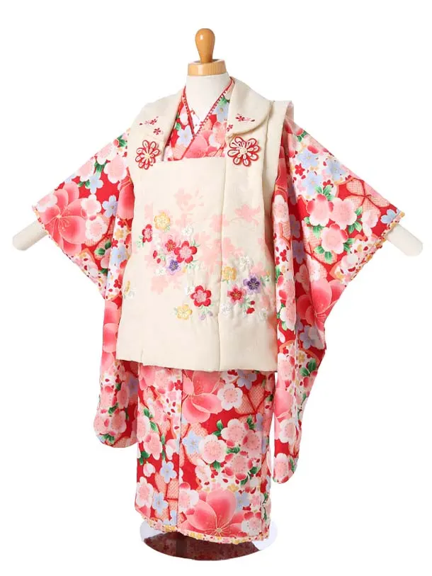 七五三(3歳女被布)レ99アイボリー桜刺繍/赤地に桜舞