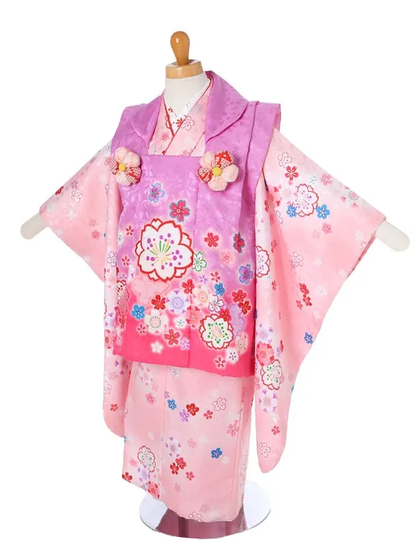 七五三(3歳女被布)レ103紫赤地桜/薄ピンク地桜