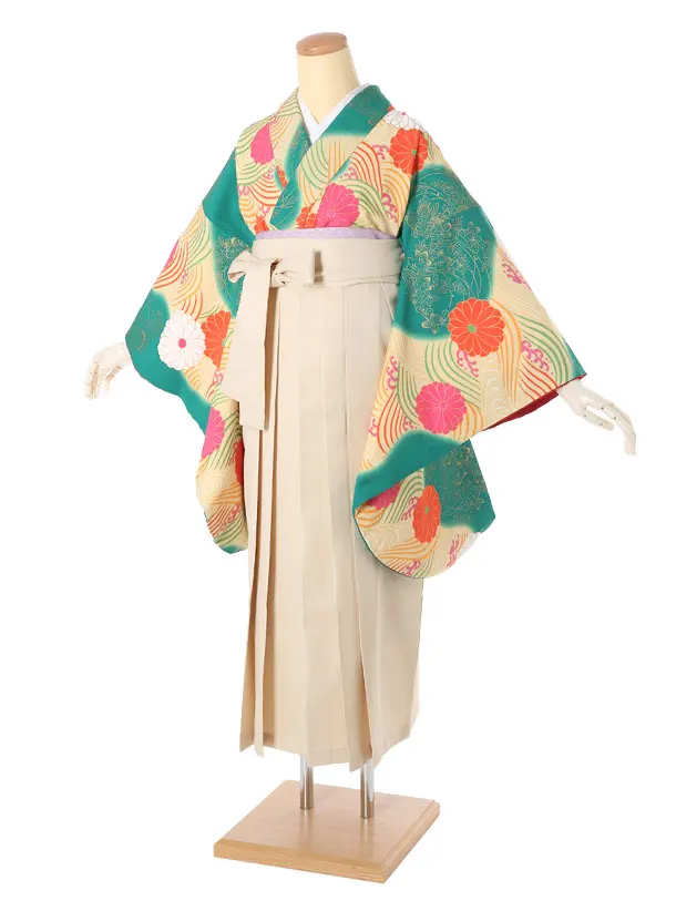 小学生卒業式袴女児A012緑地に青海波花/クリーム袴