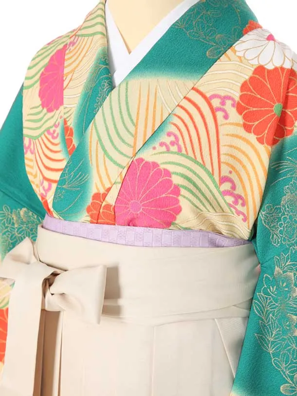 小学生卒業式袴女児A012緑地に青海波花/クリーム袴