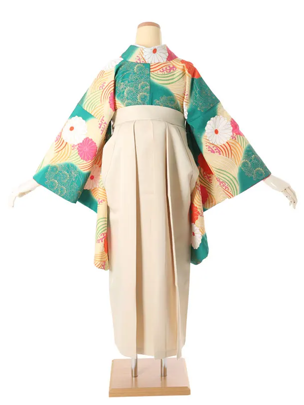 小学生卒業式袴女児A012緑地に青海波花/クリーム袴