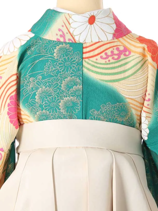 小学生卒業式袴女児A012緑地に青海波花/クリーム袴