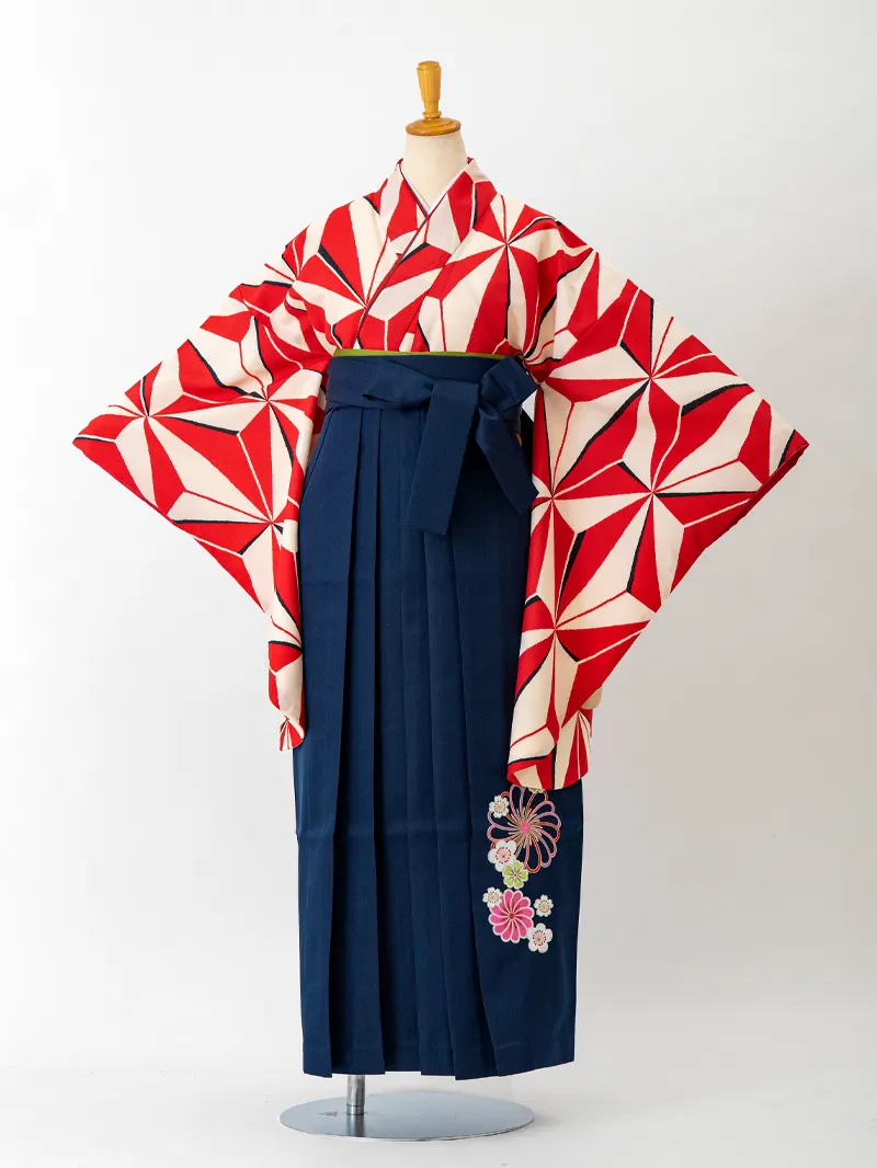 レンタル 卒業袴 二尺袖 0043  白地に赤麻の葉 袴紺刺繍