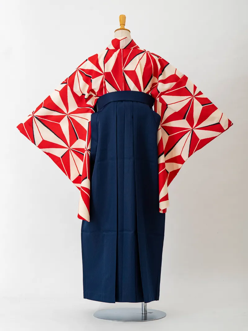 レンタル 卒業袴 二尺袖 0043  白地に赤麻の葉 袴紺刺繍