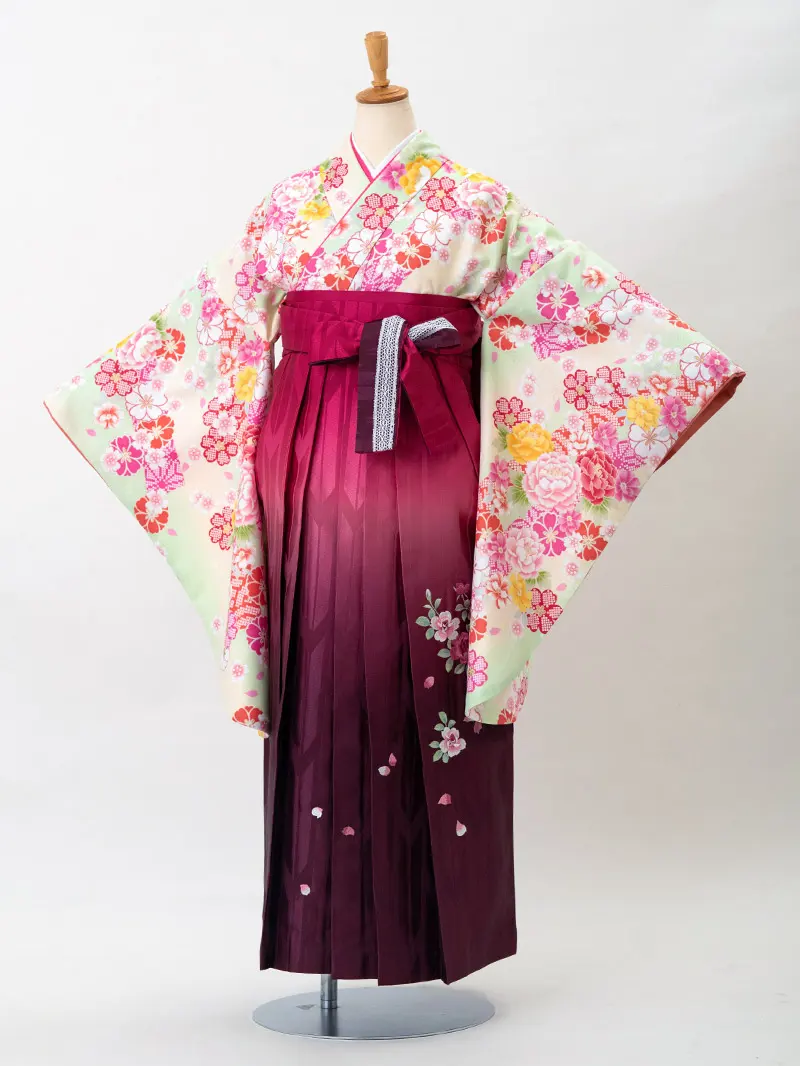 レンタル 卒業袴 二尺袖 0206 「黄緑地に疋田桜」×ピンク矢絣ボカシ刺繍袴