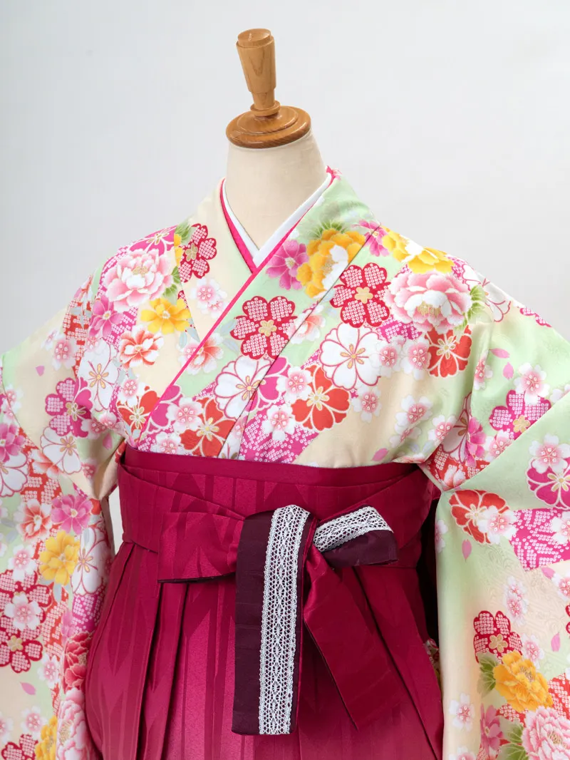 レンタル 卒業袴 二尺袖 0206 「黄緑地に疋田桜」×ピンク矢絣ボカシ刺繍袴