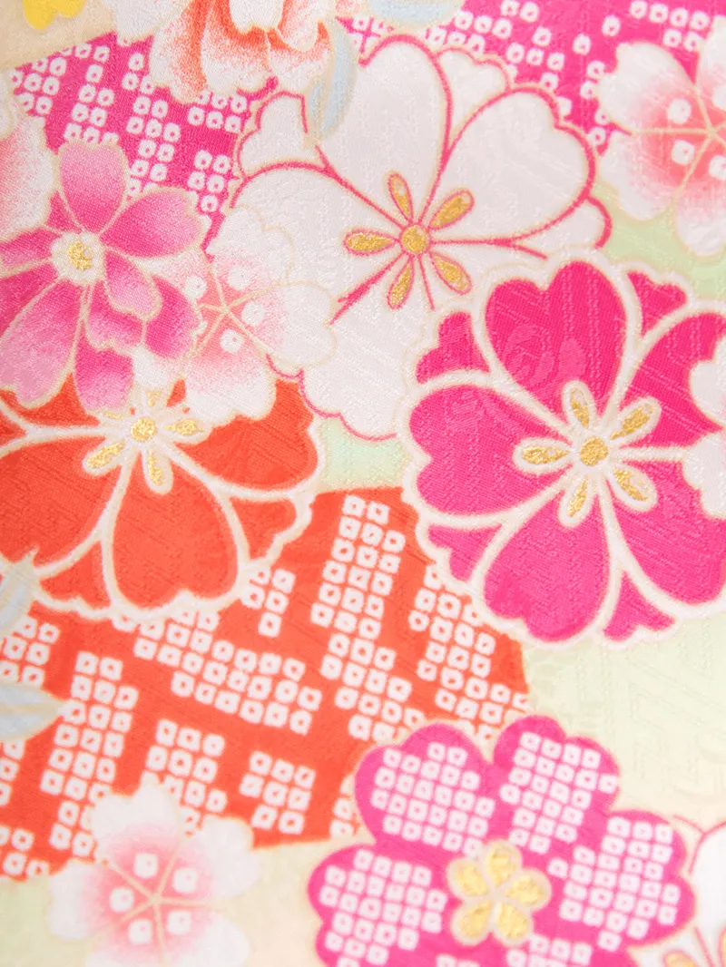 レンタル 卒業袴 二尺袖 0206 「黄緑地に疋田桜」×ピンク矢絣ボカシ刺繍袴