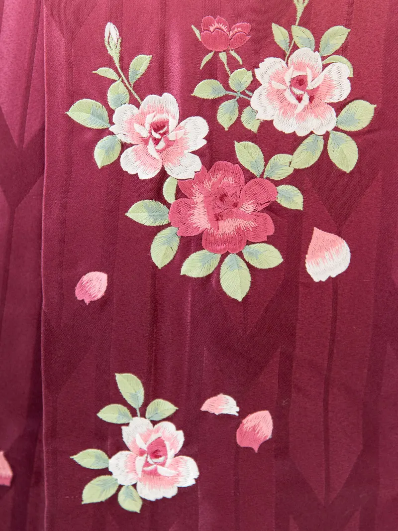 レンタル 卒業袴 二尺袖 0206 「黄緑地に疋田桜」×ピンク矢絣ボカシ刺繍袴