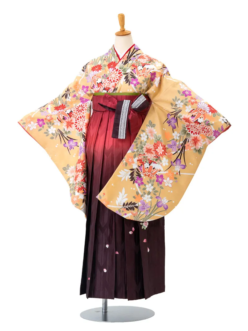 卒業式袴レンタル0207 「クリーム地にダリヤと鞠」×えんじ矢絣ボカシ刺繍袴
