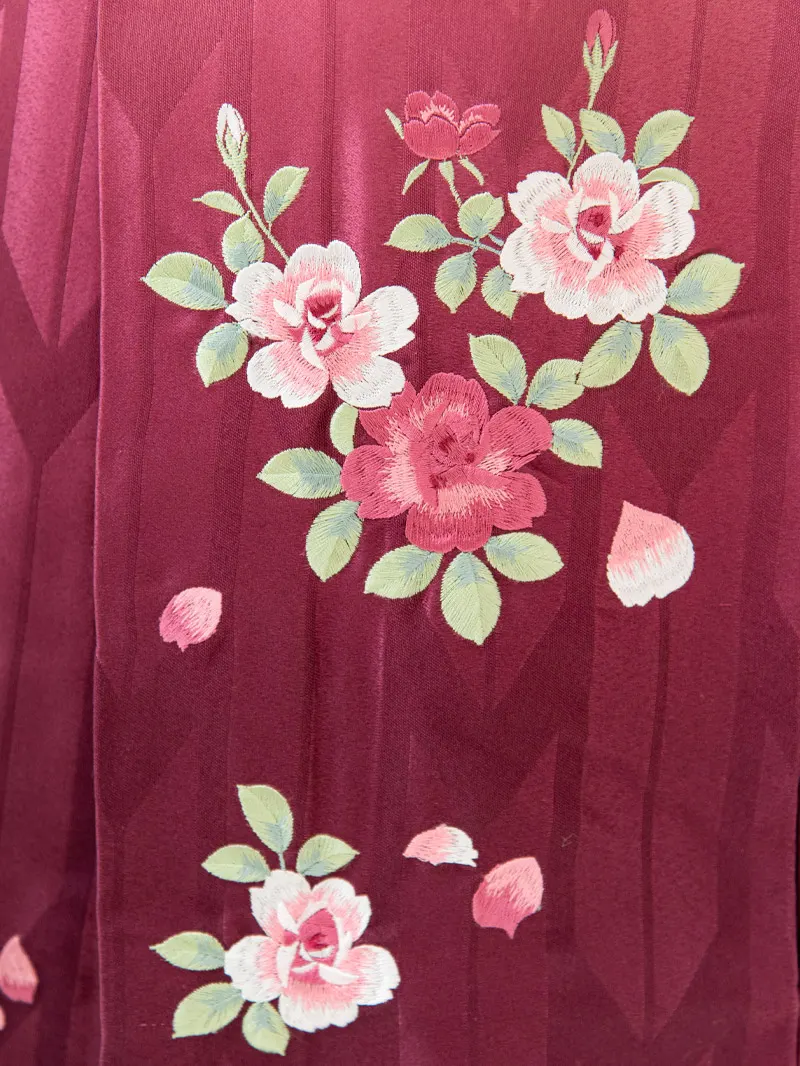 レンタル 卒業袴 二尺袖 0209 「赤地に小花と貝桶」×ピンク矢絣ボカシ刺繍袴