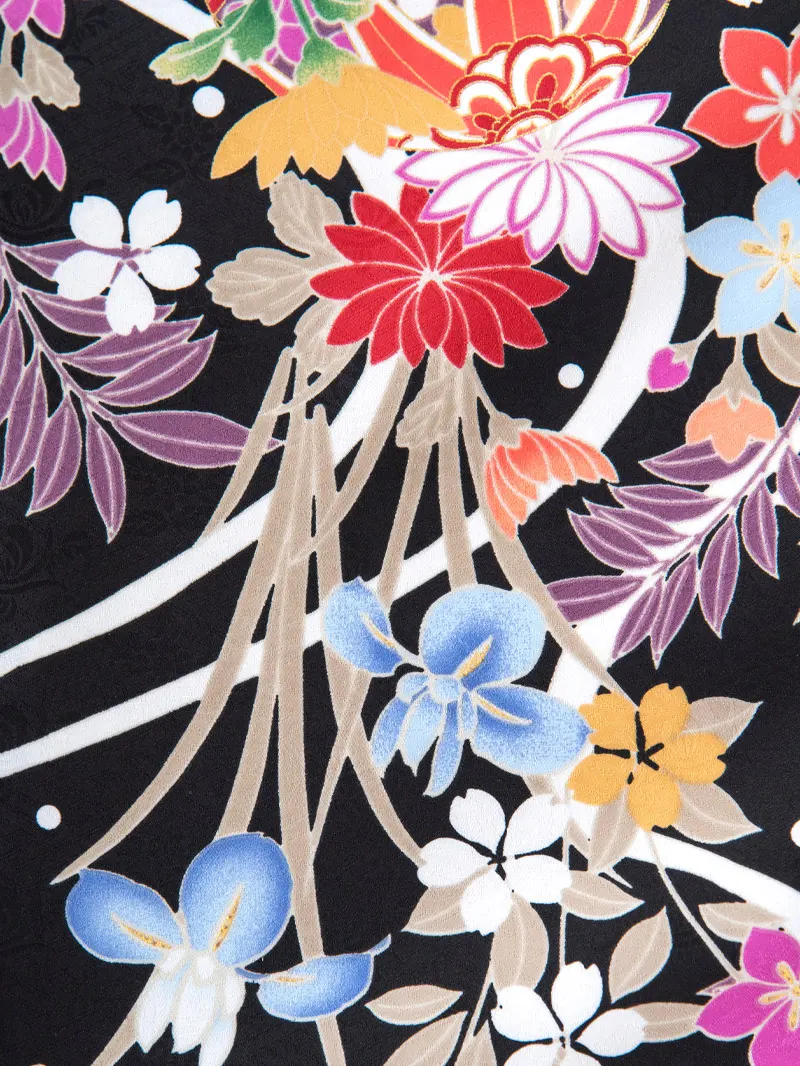 レンタル 卒業袴 二尺袖 0213 「黒地に四季花」×えんじ矢絣ボカシ刺繍袴　　