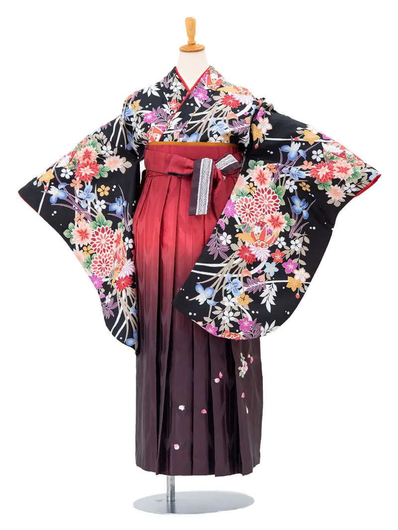 レンタル 卒業袴 二尺袖 0213 「黒地に四季花」×えんじ矢絣ボカシ刺繍袴　　