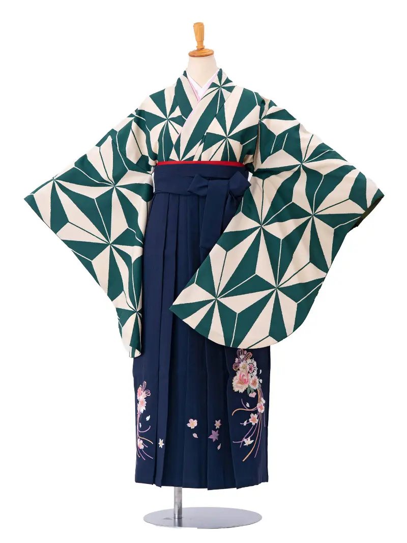 レンタル 卒業袴 二尺袖 0330 「緑麻の葉」×紺色刺繍袴