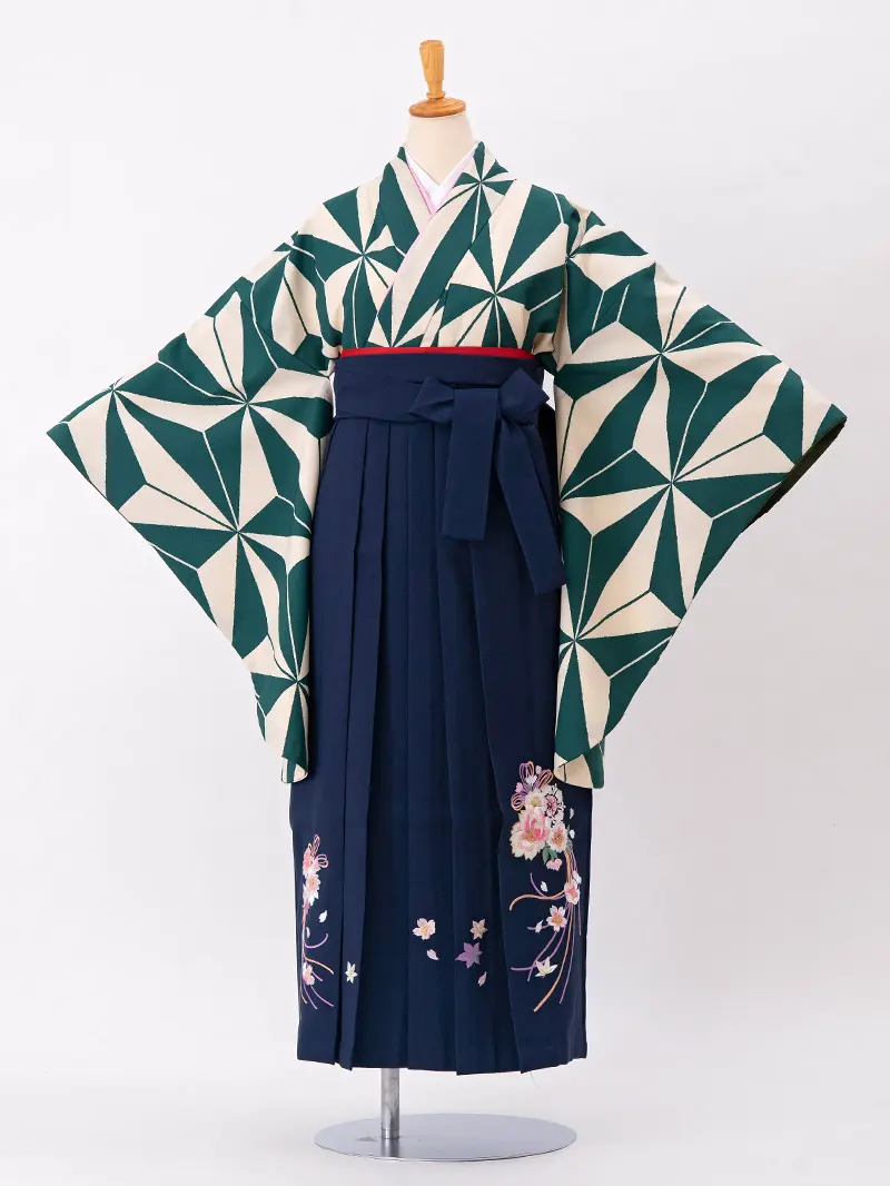 レンタル 卒業袴 二尺袖 0330 「緑麻の葉」×紺色刺繍袴