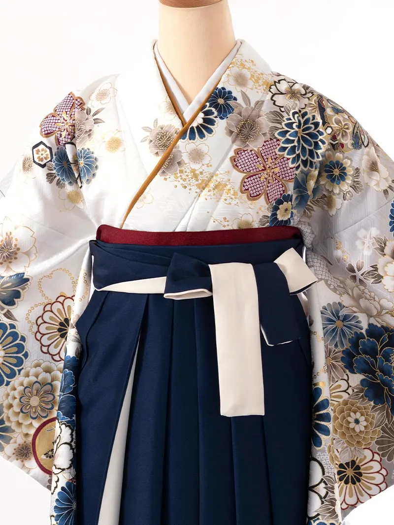 レンタル 卒業袴 二尺袖 0401  「ホワイト 牡丹 菊 梅 桜」ネイビー