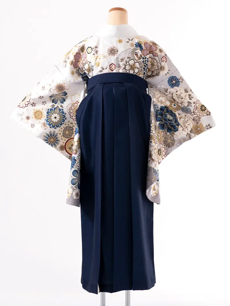 レンタル 卒業袴 二尺袖 0401  「ホワイト 牡丹 菊 梅 桜」ネイビー