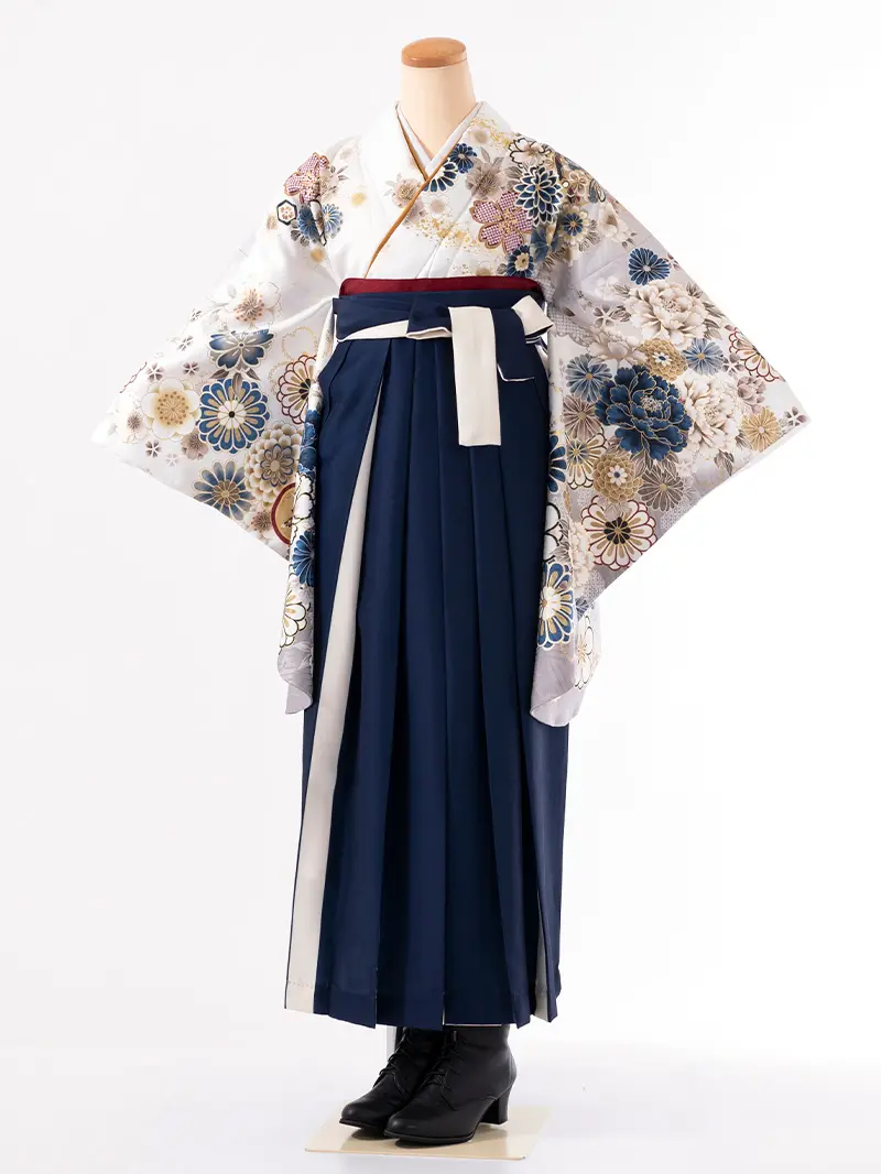 レンタル 卒業袴 二尺袖 0401  「ホワイト 牡丹 菊 梅 桜」ネイビー