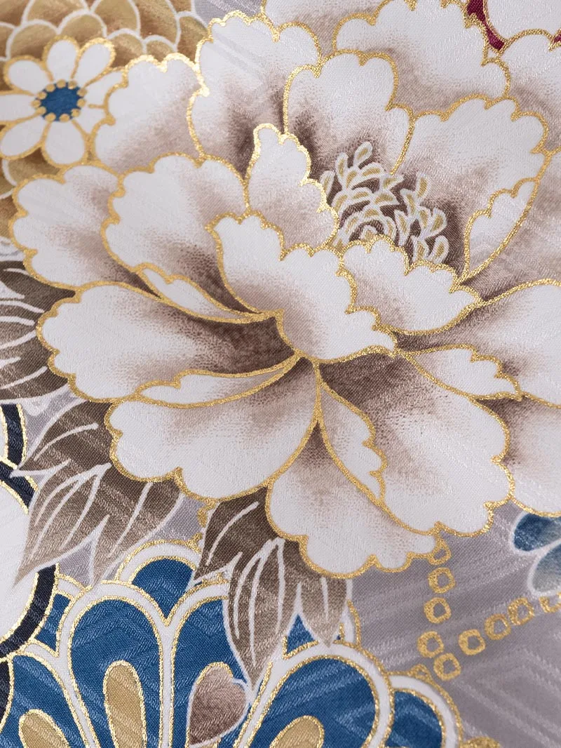 レンタル 卒業袴 二尺袖 0401  「ホワイト 牡丹 菊 梅 桜」ネイビー