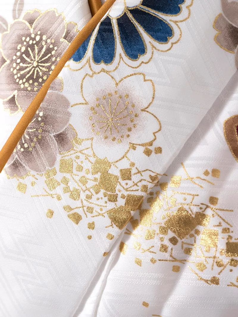 レンタル 卒業袴 二尺袖 0401  「ホワイト 牡丹 菊 梅 桜」ネイビー