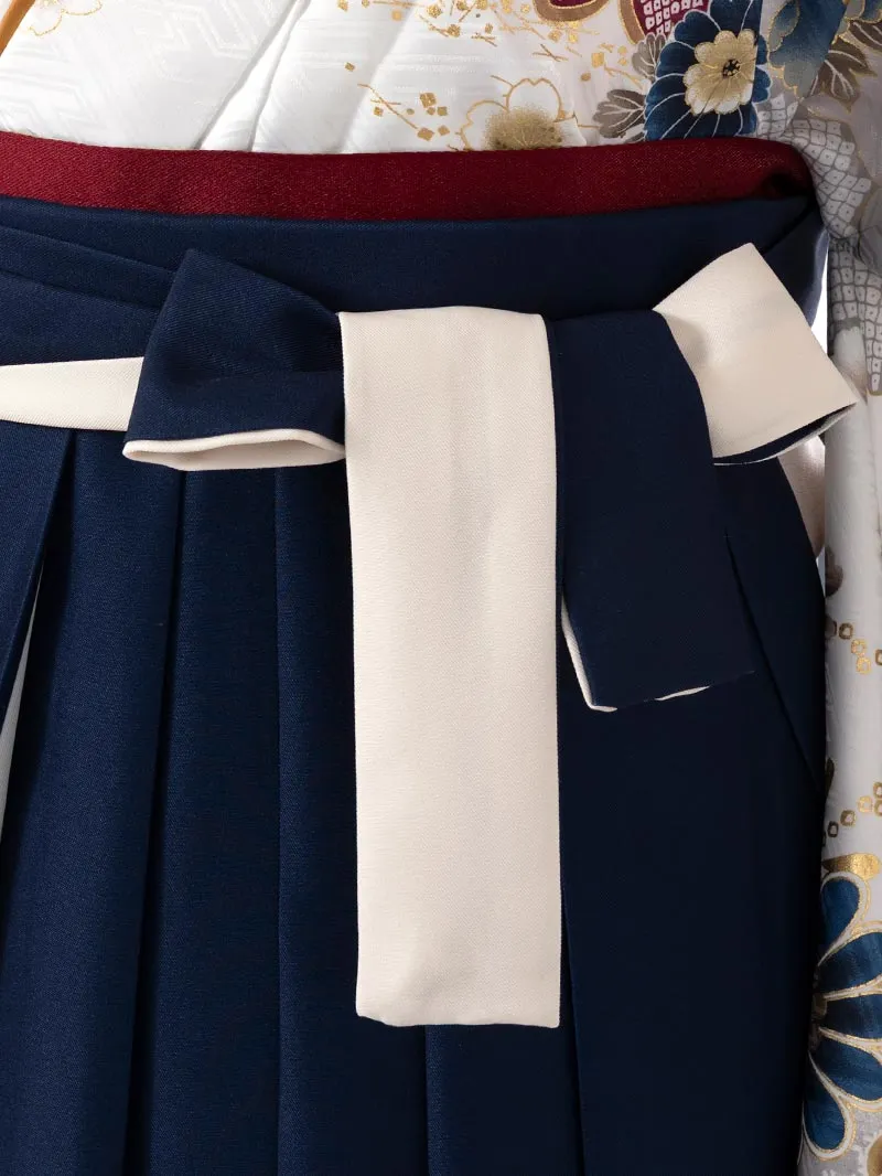 レンタル 卒業袴 二尺袖 0401  「ホワイト 牡丹 菊 梅 桜」ネイビー