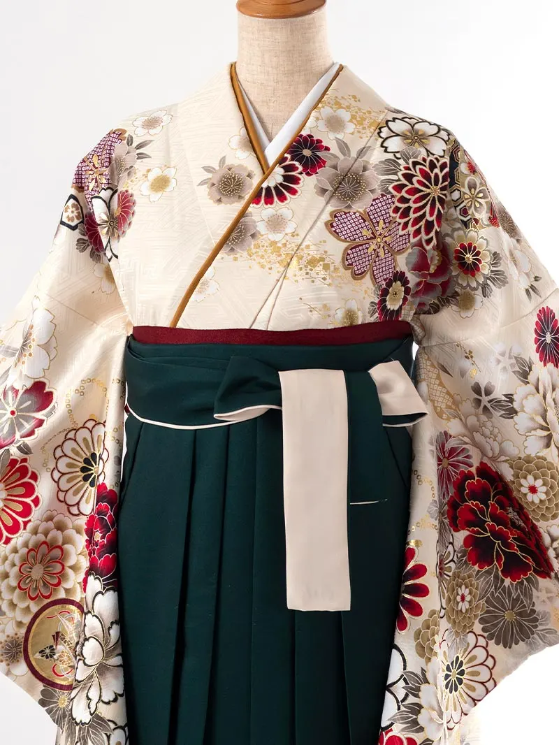 レンタル 卒業袴 二尺袖 0402  「クリーム 牡丹 菊 梅 桜」バイカラー緑
