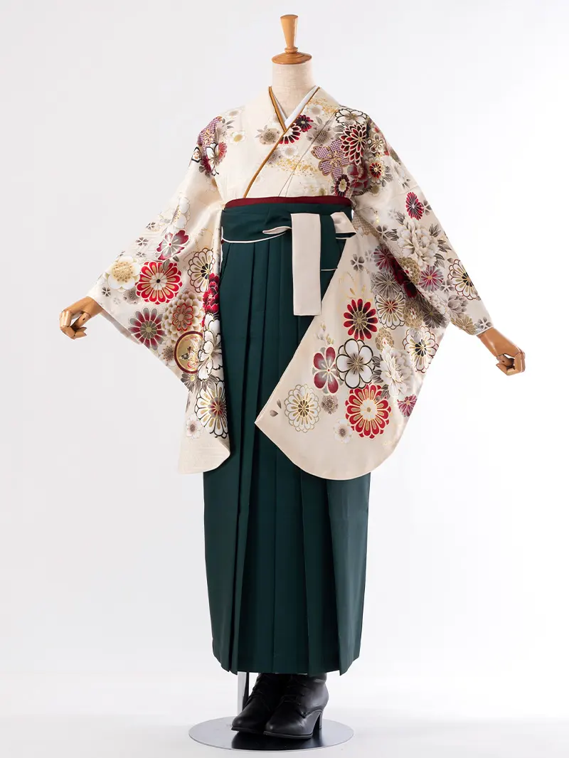 レンタル 卒業袴 二尺袖 0402  「クリーム 牡丹 菊 梅 桜」バイカラー緑