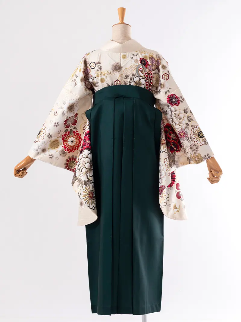 レンタル 卒業袴 二尺袖 0402  「クリーム 牡丹 菊 梅 桜」バイカラー緑