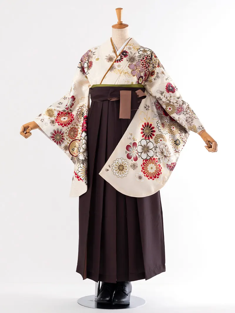 レンタル 卒業袴 二尺袖 0403  「クリーム 牡丹 菊 梅 桜」ブラウン