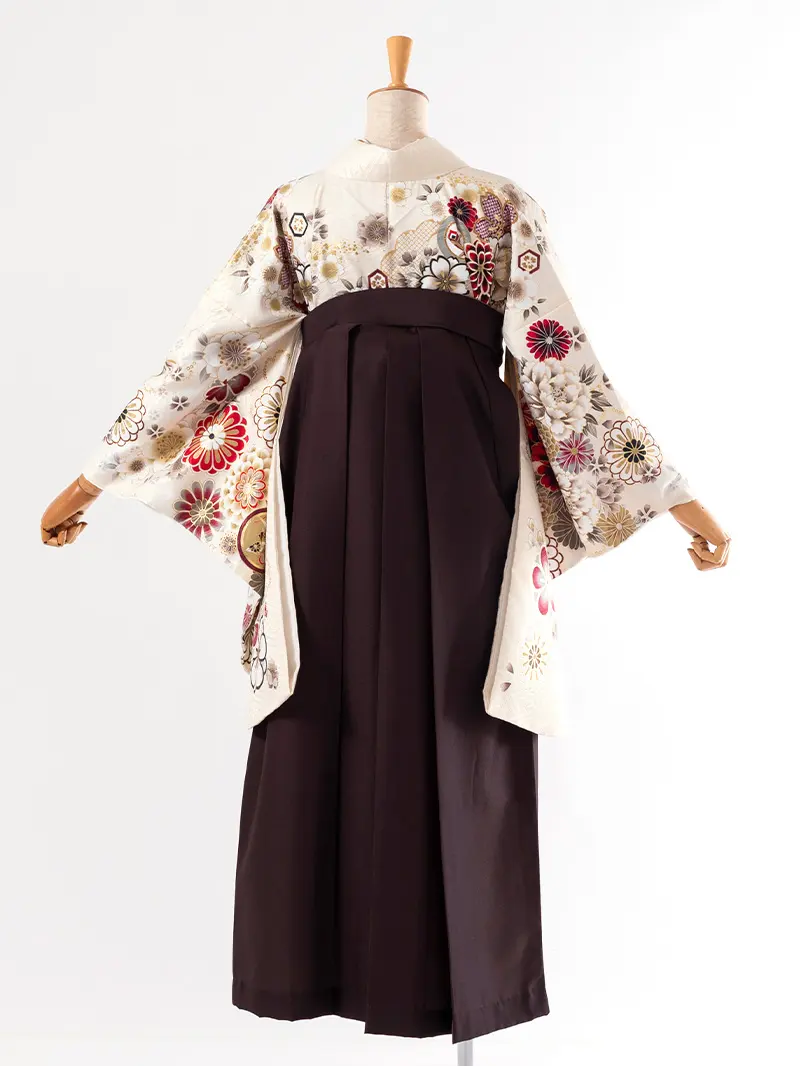 レンタル 卒業袴 二尺袖 0403  「クリーム 牡丹 菊 梅 桜」ブラウン