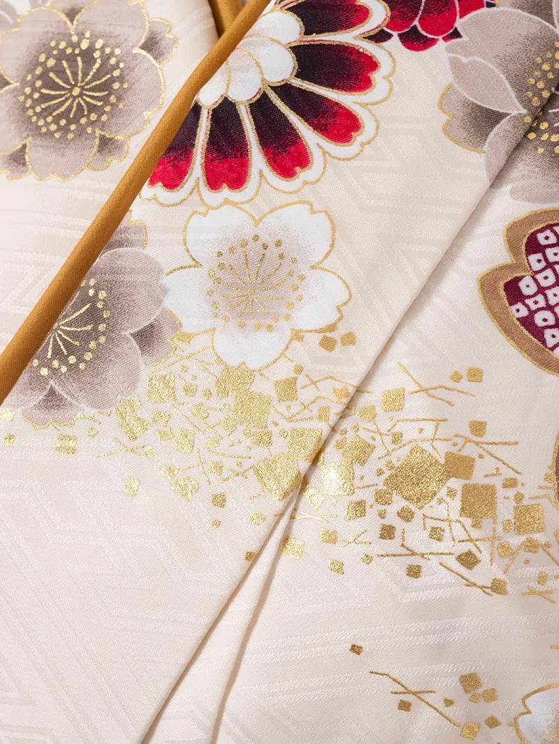 レンタル 卒業袴 二尺袖 0403  「クリーム 牡丹 菊 梅 桜」ブラウン