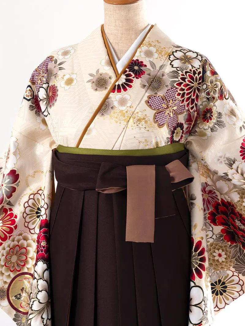 レンタル 卒業袴 二尺袖 0403  「クリーム 牡丹 菊 梅 桜」ブラウン