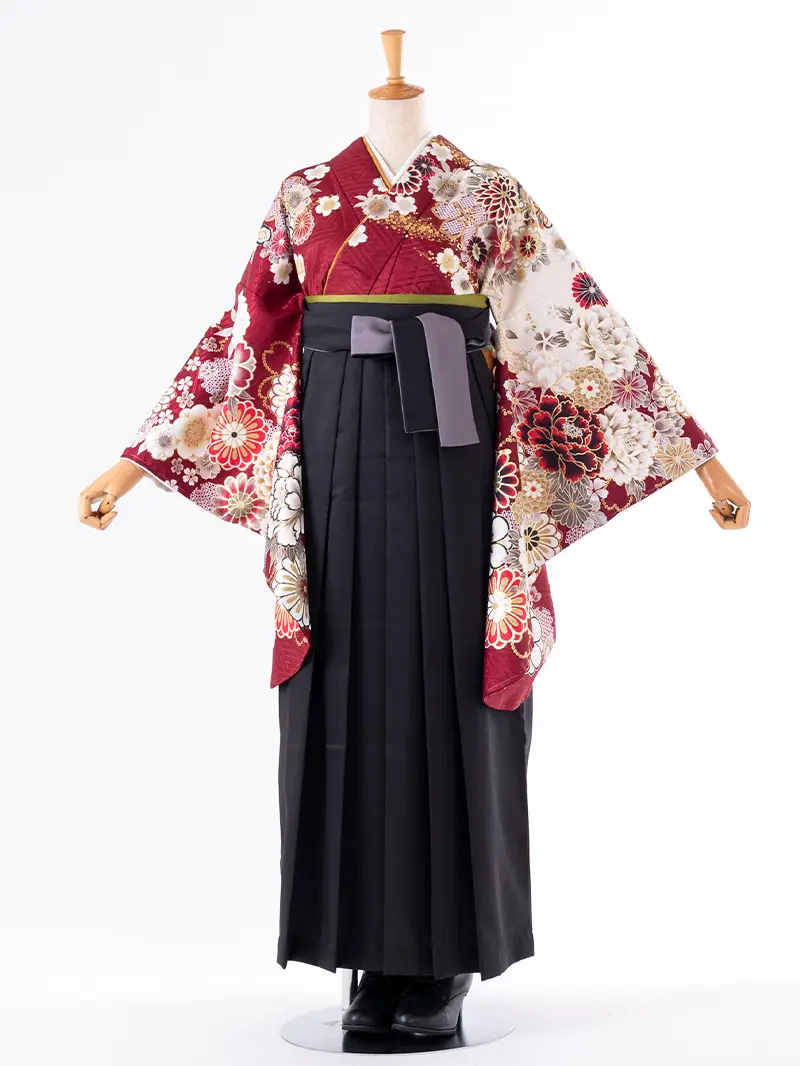 レンタル 卒業袴 二尺袖 0404  「ボルドー  牡丹 菊 梅 桜」黒×グレー