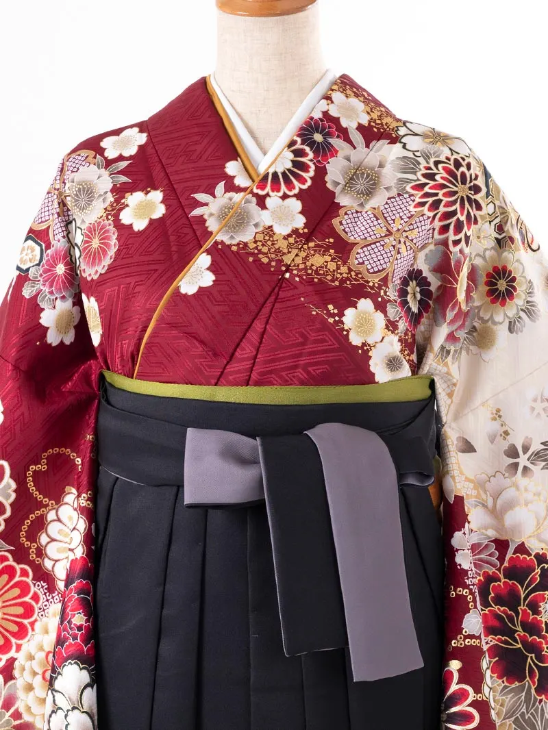 レンタル 卒業袴 二尺袖 0404  「ボルドー  牡丹 菊 梅 桜」黒×グレー