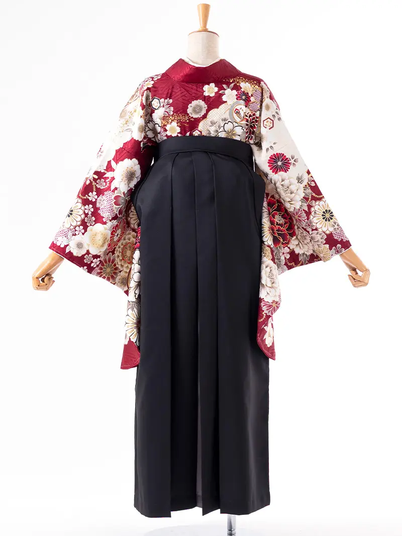 レンタル 卒業袴 二尺袖 0404  「ボルドー  牡丹 菊 梅 桜」黒×グレー