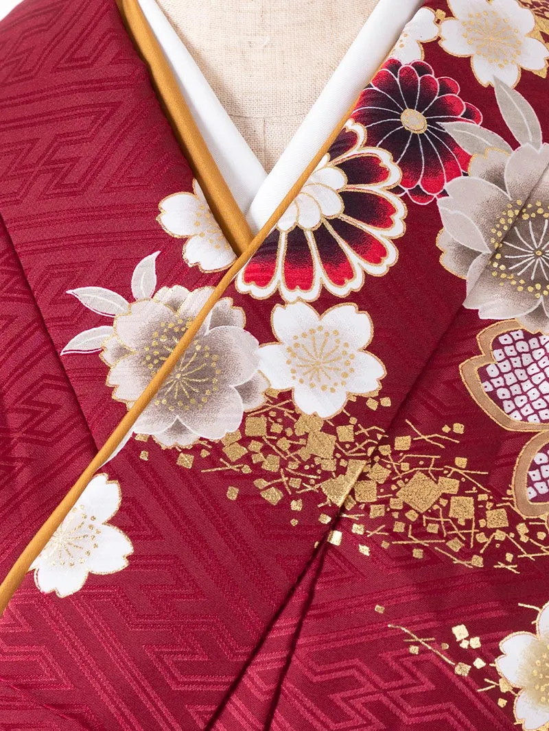 レンタル 卒業袴 二尺袖 0404  「ボルドー  牡丹 菊 梅 桜」黒×グレー